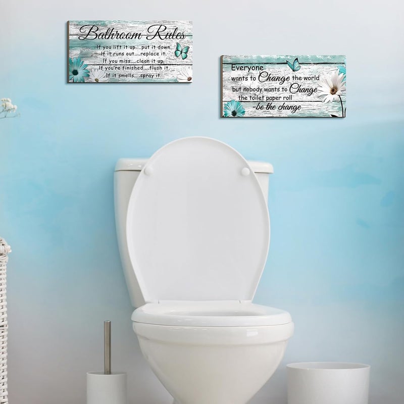 Jetec 2 قطع لافتات حمام مضحكة ديكور جدار الحمام ملحقات جدار المرحاض لافتات خشبية ريفية (نمط فراشة) - Image 2